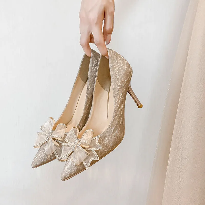 Silver Bow High Heel French Wedding Shoes