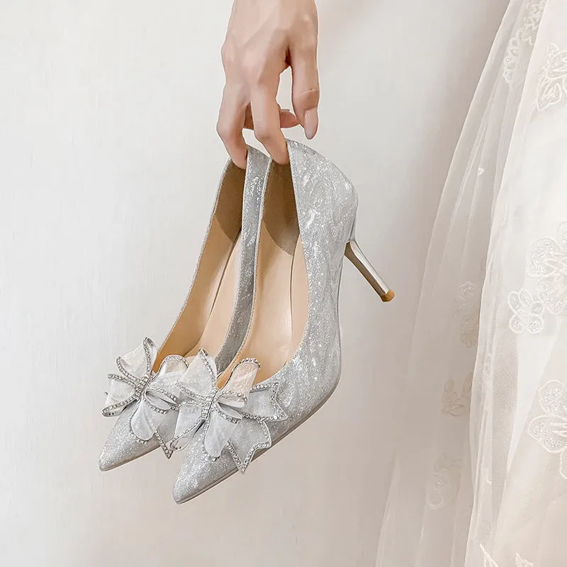 Silver Bow High Heel French Wedding Shoes