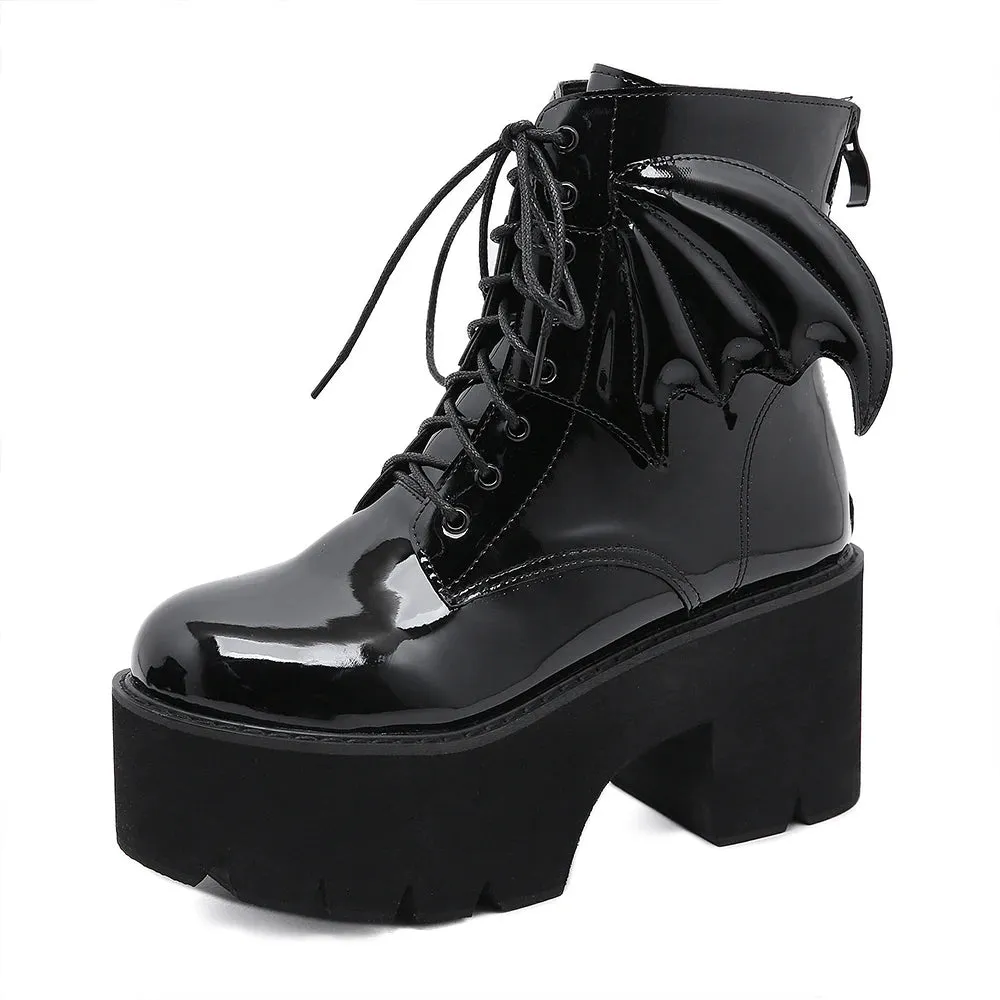 Sohiwoo Women's Black Back Zipper Chunky Heel Boots Goth Style Lace Up Solid Color Platform Short Boots for Women Fashion Wing