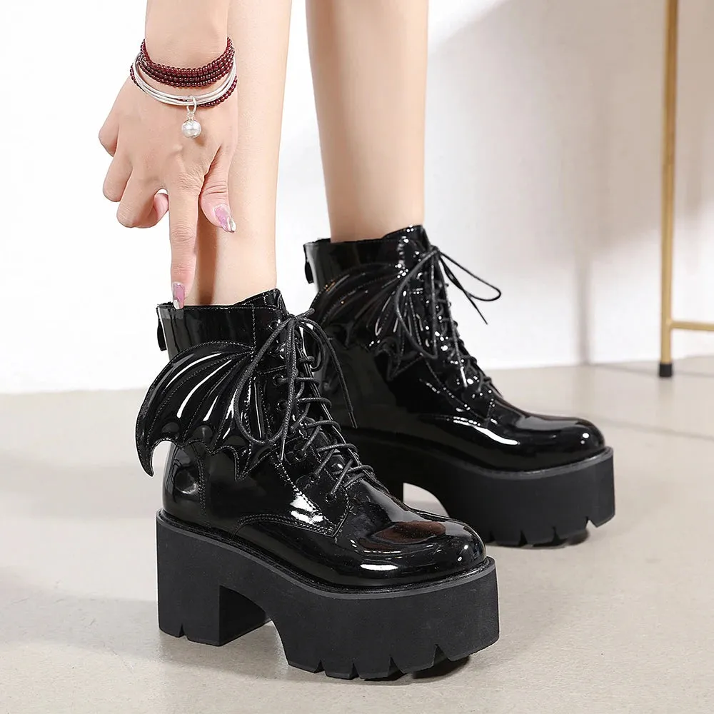 Sohiwoo Women's Black Back Zipper Chunky Heel Boots Goth Style Lace Up Solid Color Platform Short Boots for Women Fashion Wing