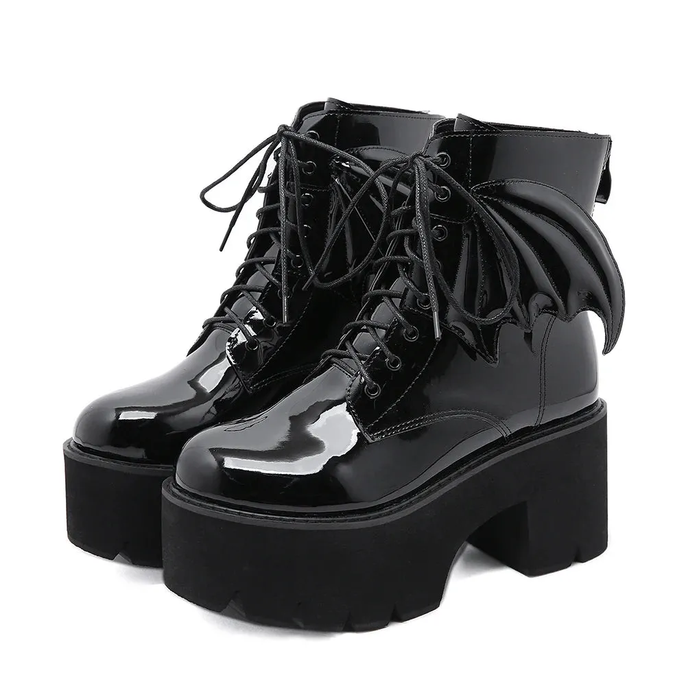 Sohiwoo Women's Black Back Zipper Chunky Heel Boots Goth Style Lace Up Solid Color Platform Short Boots for Women Fashion Wing