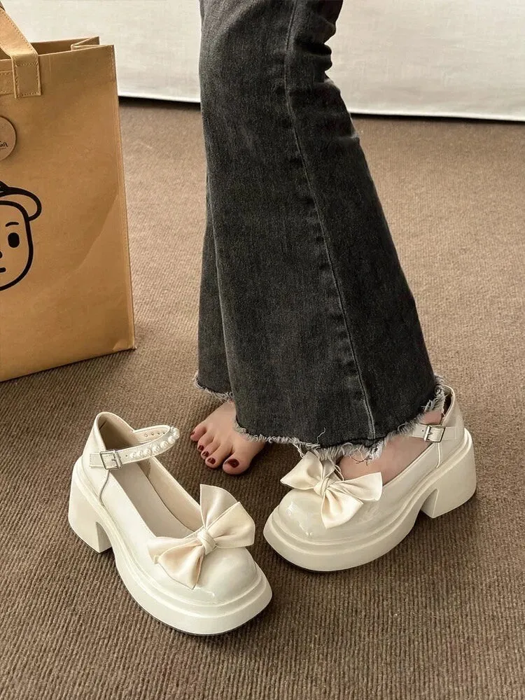 Solid Mary Jane High Heels, Lolita Bow Decor High Heels, Buckle Thick Heels for Women, Cute Round Toe Heels, Kawaii Patent Leather Shoes