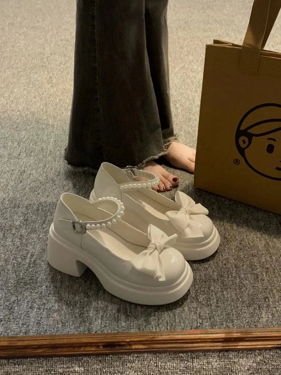 Solid Mary Jane High Heels, Lolita Bow Decor High Heels, Buckle Thick Heels for Women, Cute Round Toe Heels, Kawaii Patent Leather Shoes