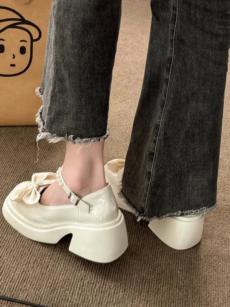 Solid Mary Jane High Heels, Lolita Bow Decor High Heels, Buckle Thick Heels for Women, Cute Round Toe Heels, Kawaii Patent Leather Shoes