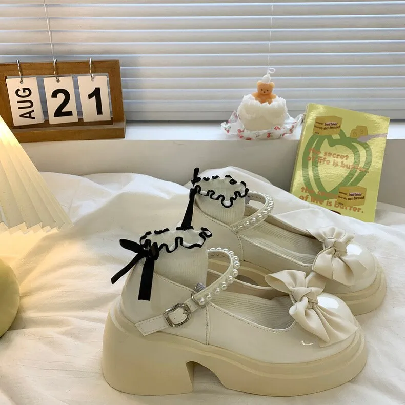 Solid Mary Jane High Heels, Lolita Bow Decor High Heels, Buckle Thick Heels for Women, Cute Round Toe Heels, Kawaii Patent Leather Shoes