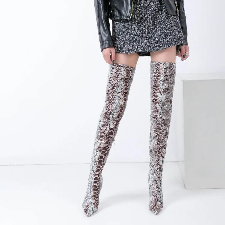 Thigh High Stiletto Heel Snakeskin Boots