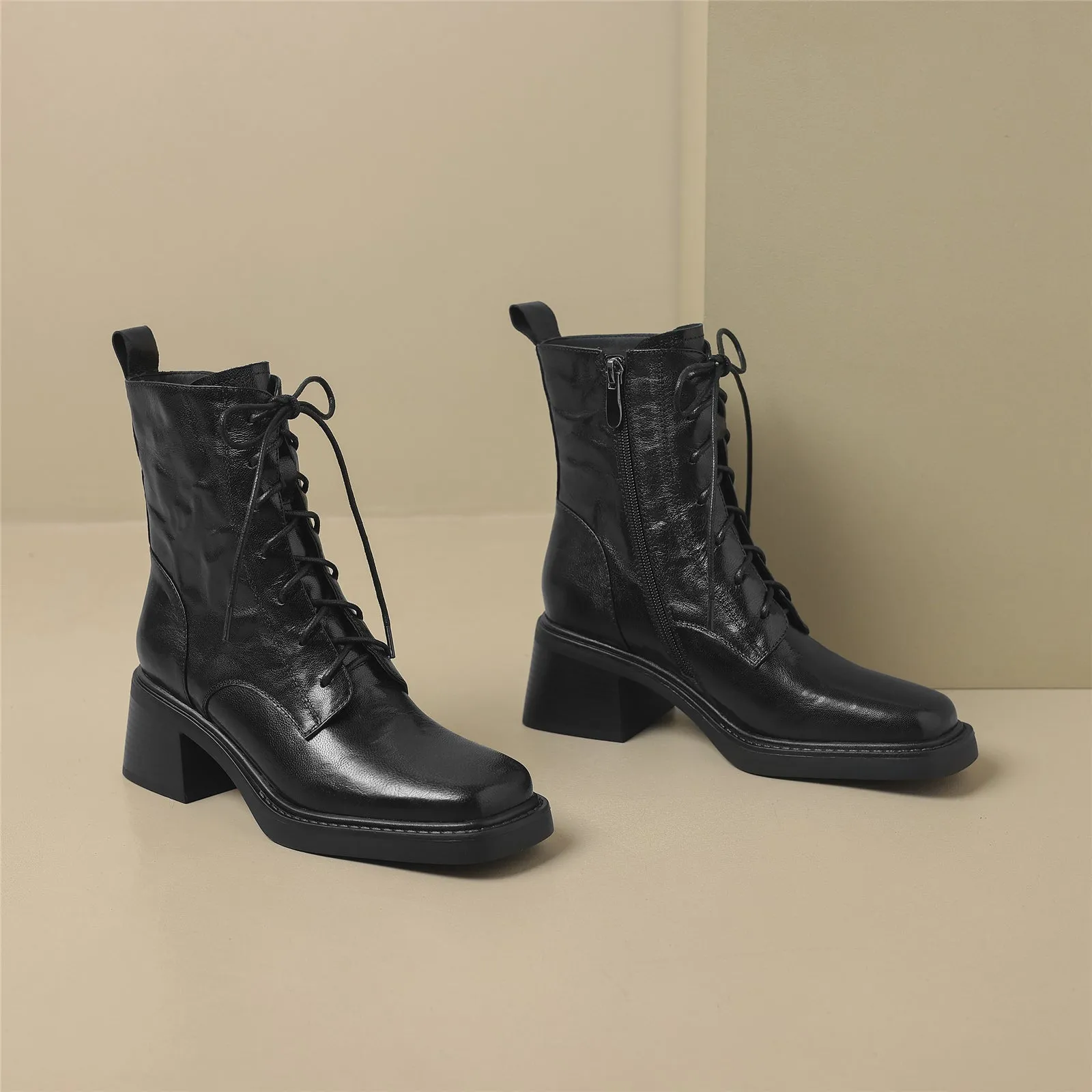 TinaCus Women's Genuine Leather Handmade Block Heel Front Band Side Zip Up Square Toe Ankle Boots