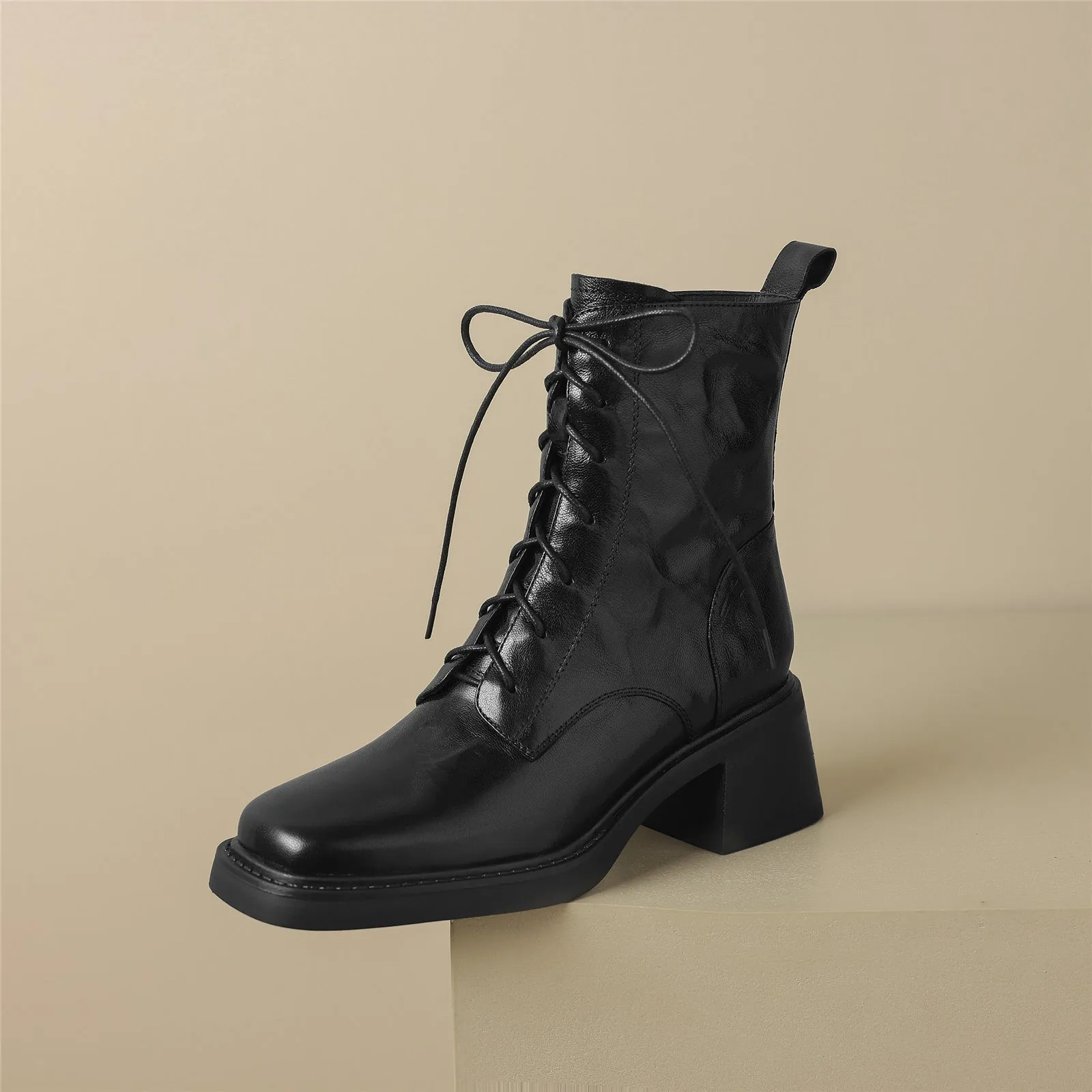 TinaCus Women's Genuine Leather Handmade Block Heel Front Band Side Zip Up Square Toe Ankle Boots