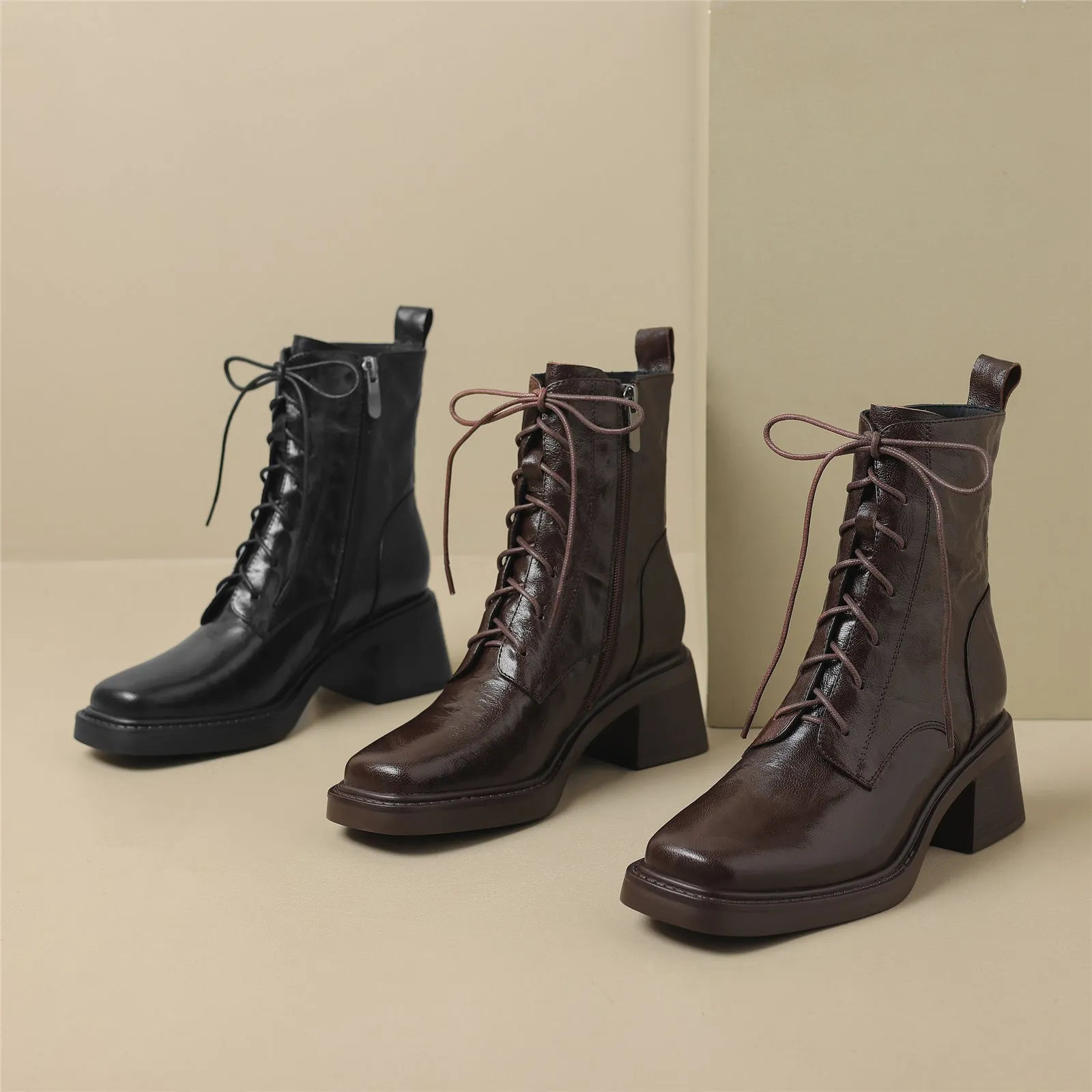 TinaCus Women's Genuine Leather Handmade Block Heel Front Band Side Zip Up Square Toe Ankle Boots