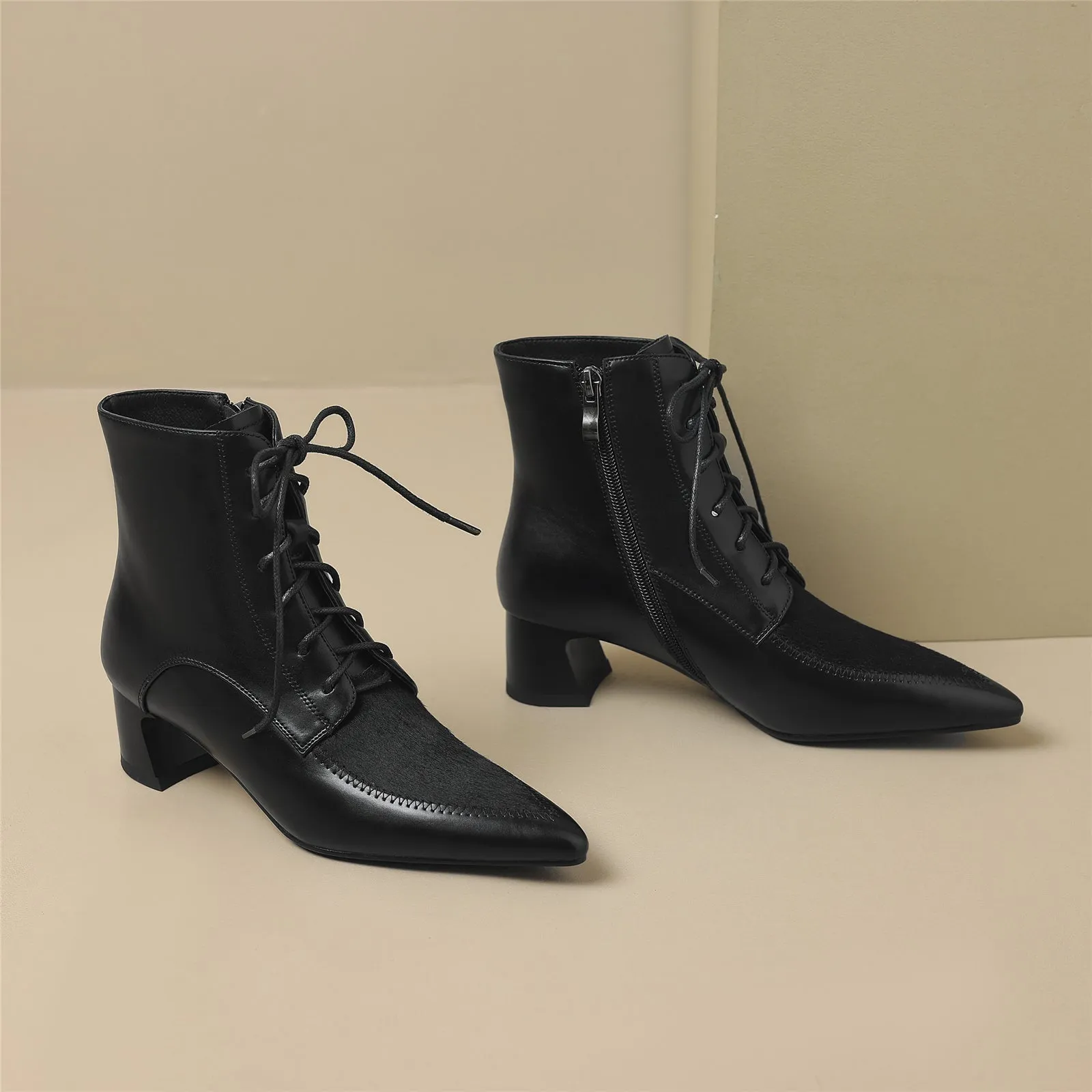 TinaCus Women's Leather Horse-Hair Handmade Zip Up Chunky Heel Ankle Boots with Front Band