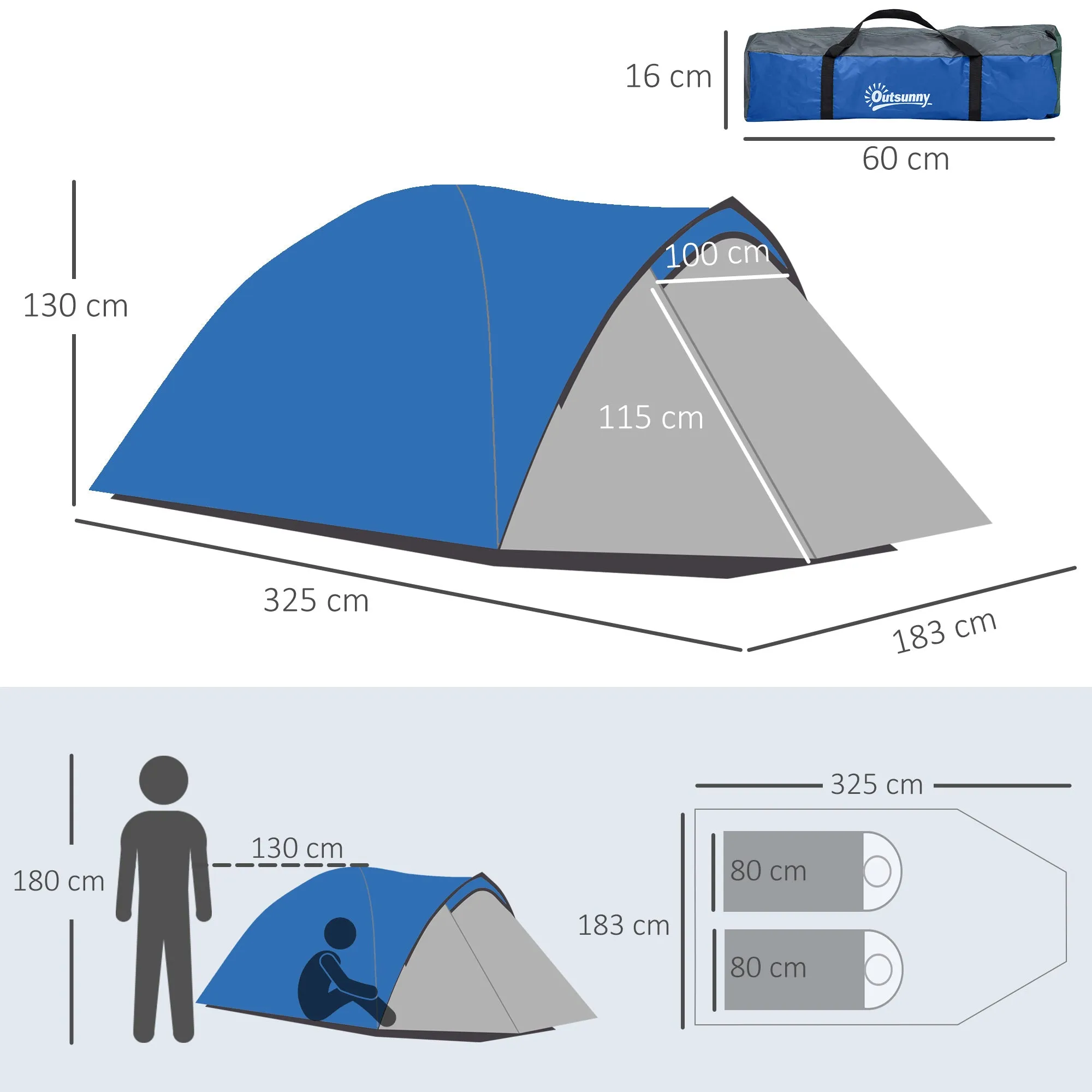 Two-Man Dome Tent, with Front Vestibule - Blue/Grey