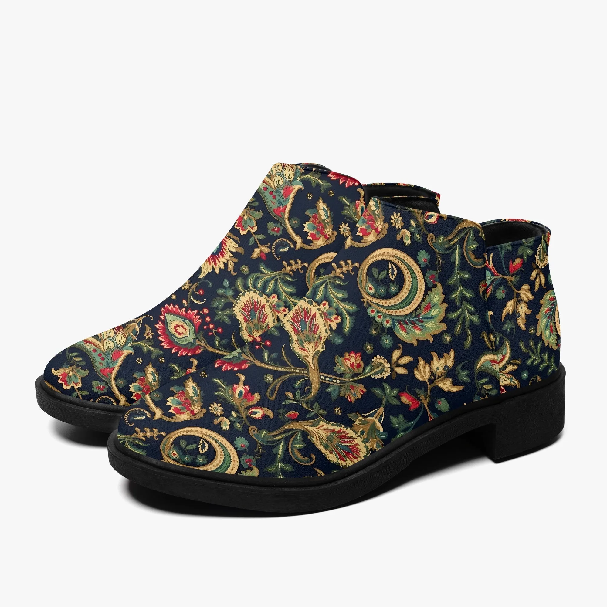 Vegan Ankle Zip Up Boots with Floral Pattern