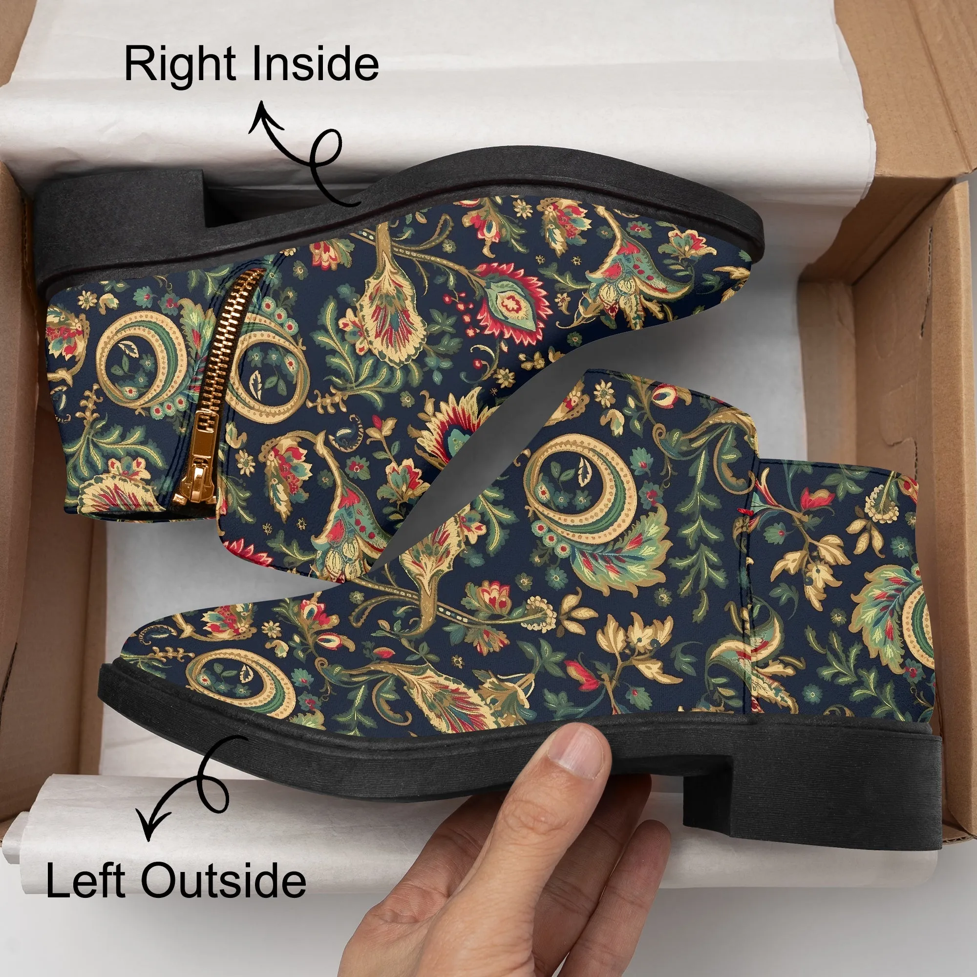 Vegan Ankle Zip Up Boots with Floral Pattern