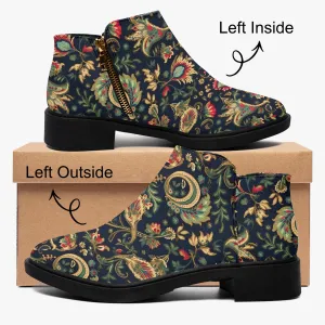 Vegan Ankle Zip Up Boots with Floral Pattern