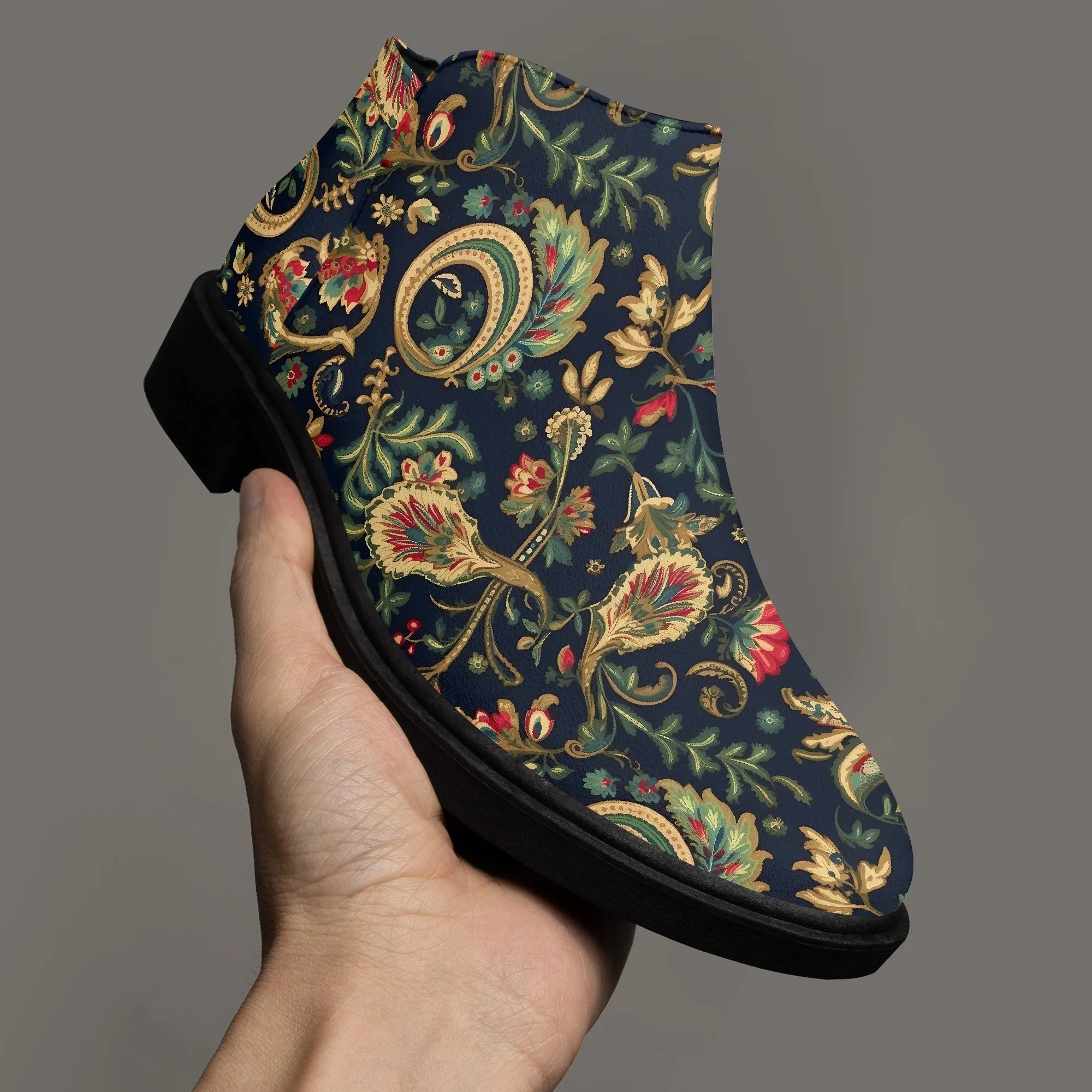 Vegan Ankle Zip Up Boots with Floral Pattern