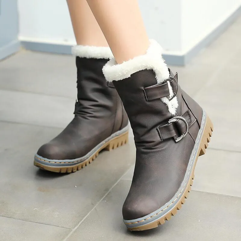 Winter Leather Buckle Low Chunky Heel Boots