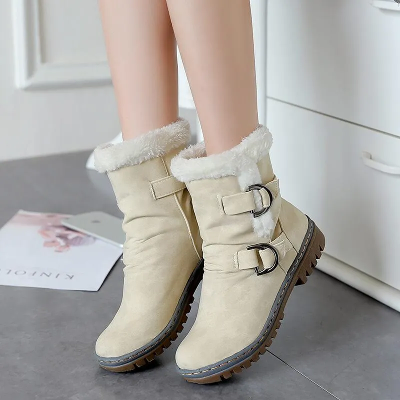 Winter Leather Buckle Low Chunky Heel Boots