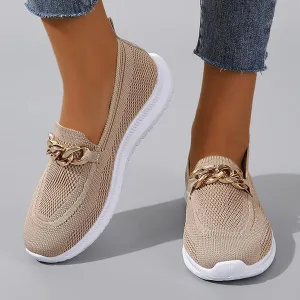 Women's Fashion Gold Chain Slip-on Fly Woven Sneakers 32082776C