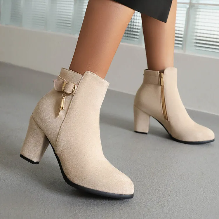 Women's Flock Buckle Straps Block Chunky Heel Side Zippers Short Boots