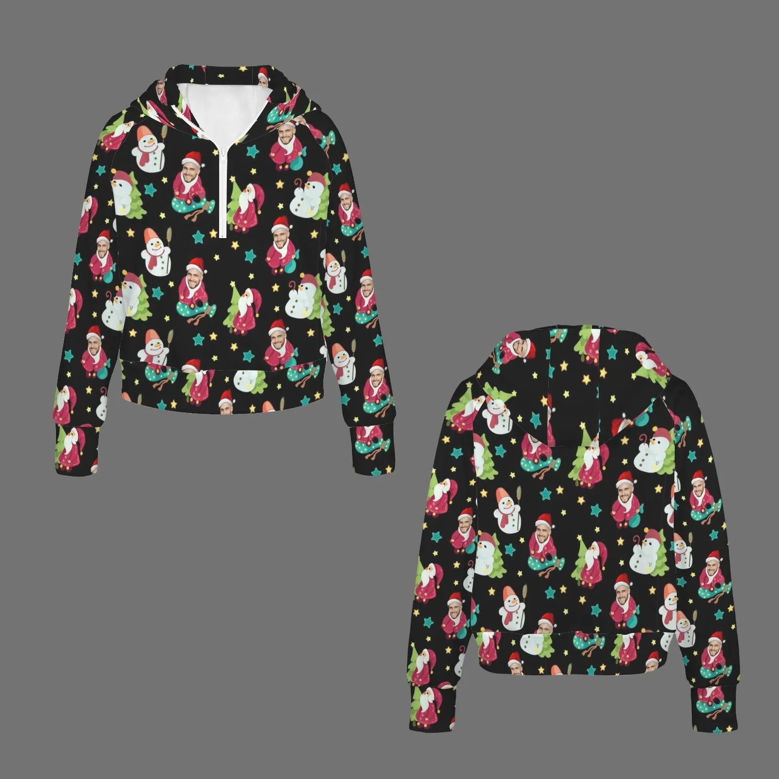 Women's Half Zip Cropped Hoodies Custom Face Christmas Snowman Fleece Athletic Pullover Hoodies with Pockets Thumb Hole