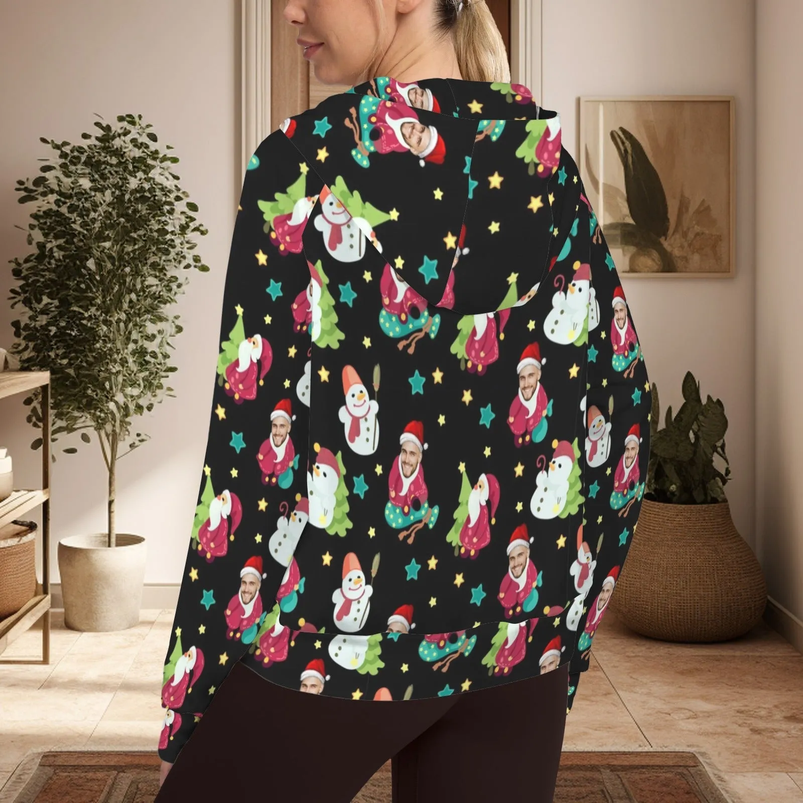 Women's Half Zip Cropped Hoodies Custom Face Christmas Snowman Fleece Athletic Pullover Hoodies with Pockets Thumb Hole