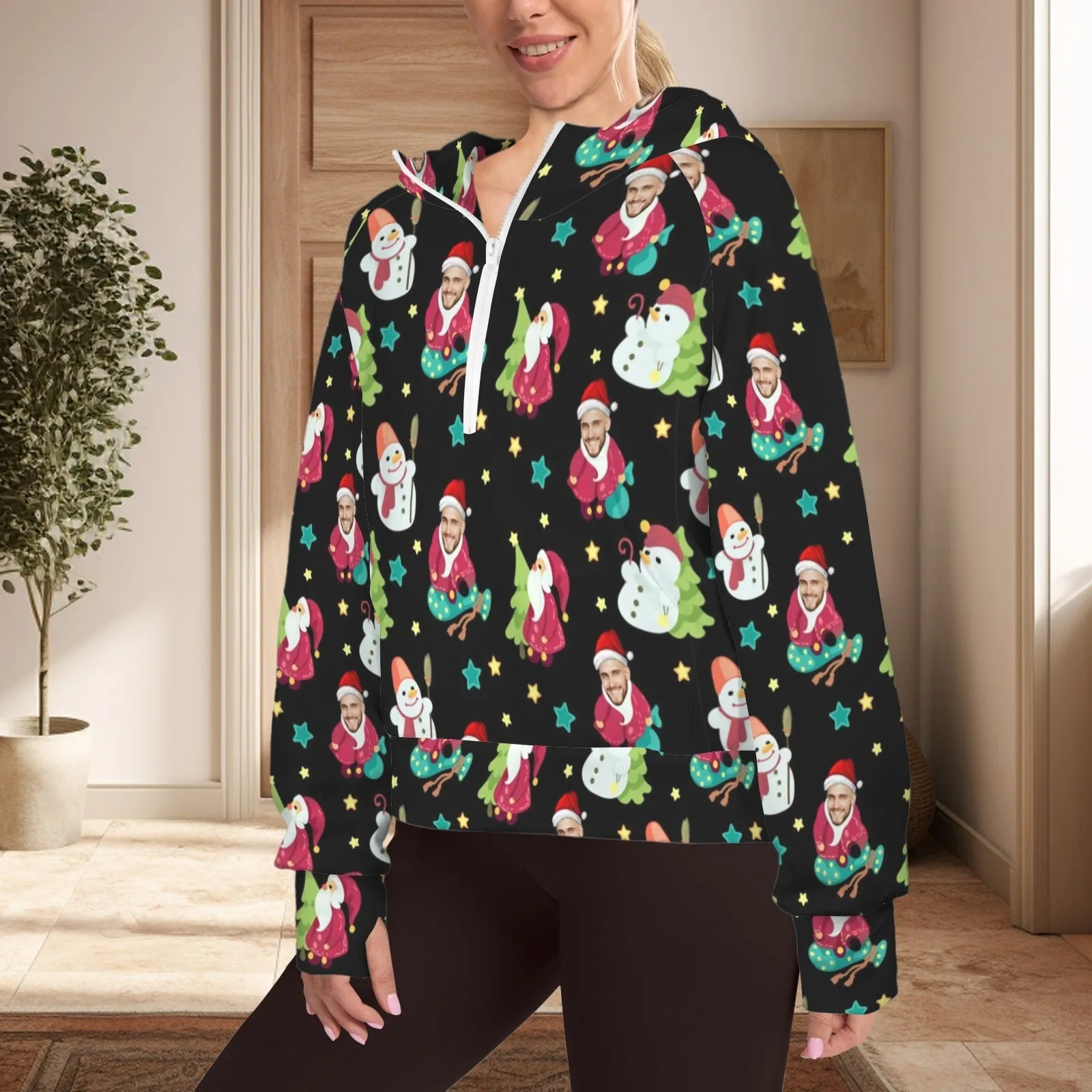 Women's Half Zip Cropped Hoodies Custom Face Christmas Snowman Fleece Athletic Pullover Hoodies with Pockets Thumb Hole