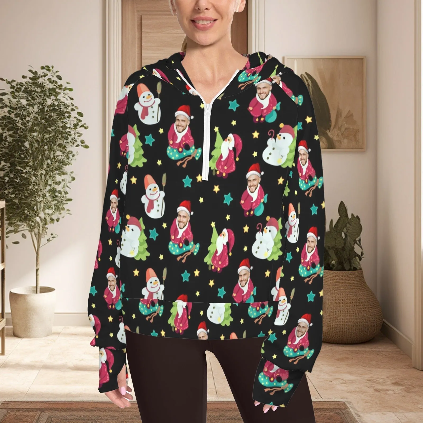 Women's Half Zip Cropped Hoodies Custom Face Christmas Snowman Fleece Athletic Pullover Hoodies with Pockets Thumb Hole