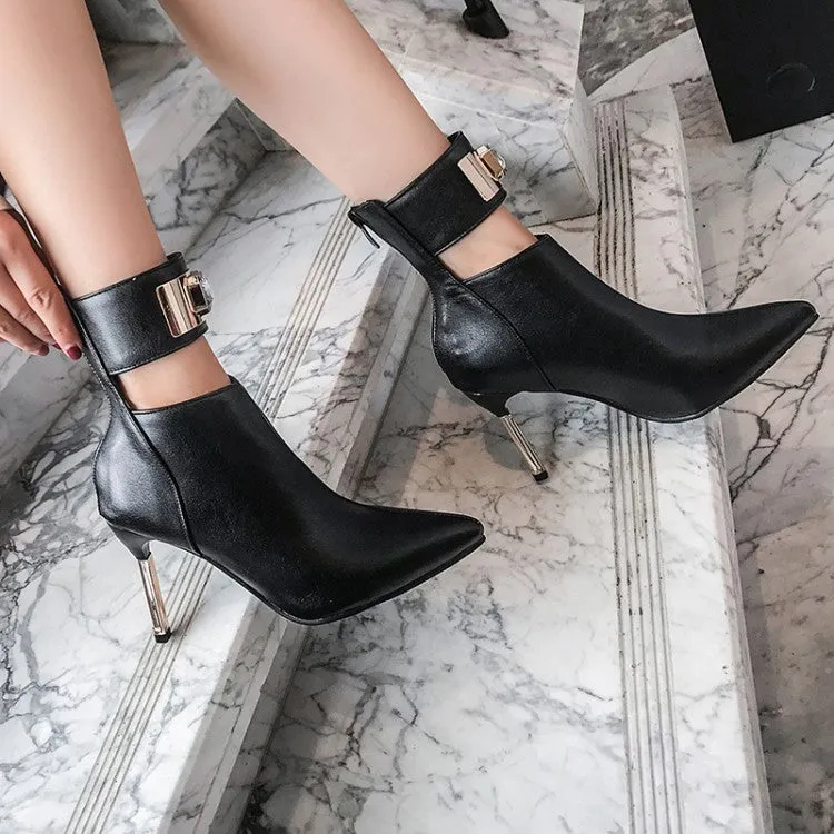 Women's Patchwork Pointed Toe Metal Rhinestone Stiletto Heel Short Boots