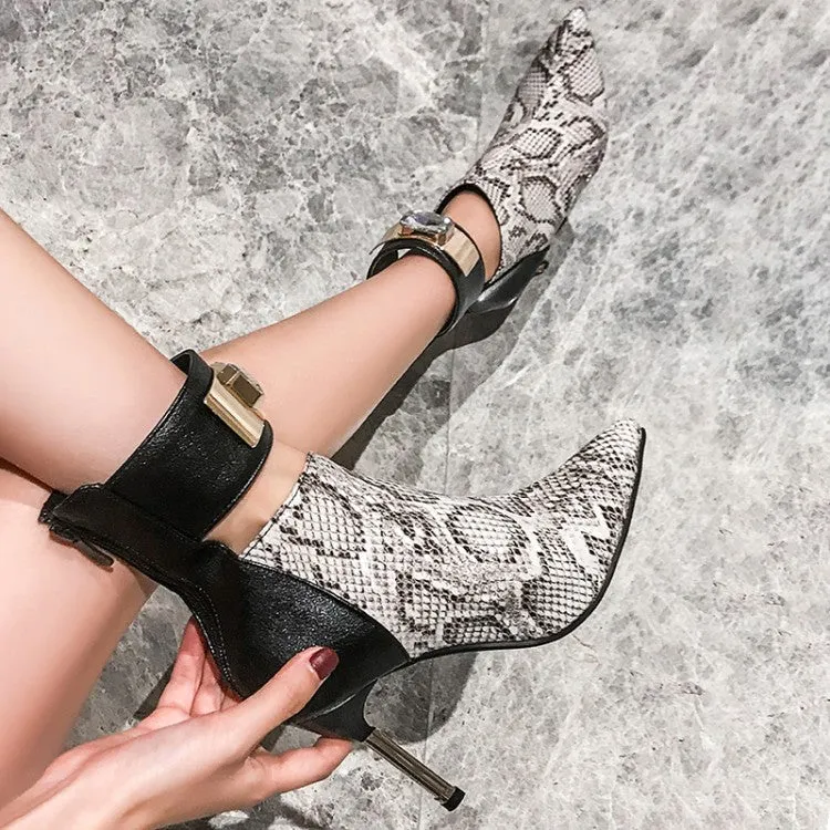 Women's Patchwork Pointed Toe Metal Rhinestone Stiletto Heel Short Boots