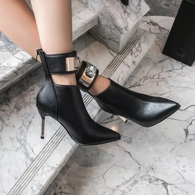 Women's Patchwork Pointed Toe Metal Rhinestone Stiletto Heel Short Boots