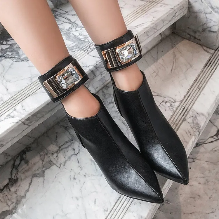 Women's Patchwork Pointed Toe Metal Rhinestone Stiletto Heel Short Boots