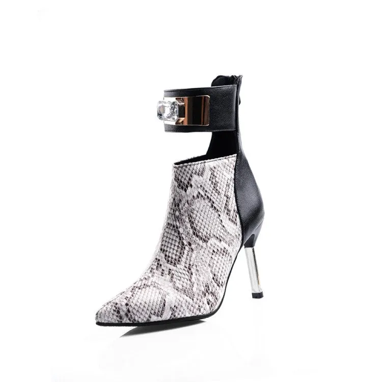 Women's Patchwork Pointed Toe Metal Rhinestone Stiletto Heel Short Boots