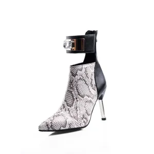 Women's Patchwork Pointed Toe Metal Rhinestone Stiletto Heel Short Boots