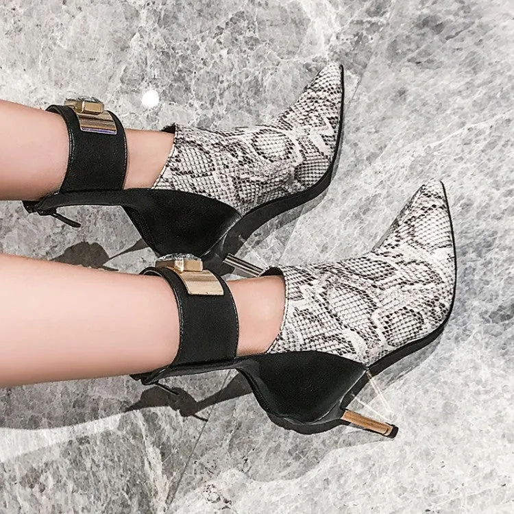 Women's Patchwork Pointed Toe Metal Rhinestone Stiletto Heel Short Boots