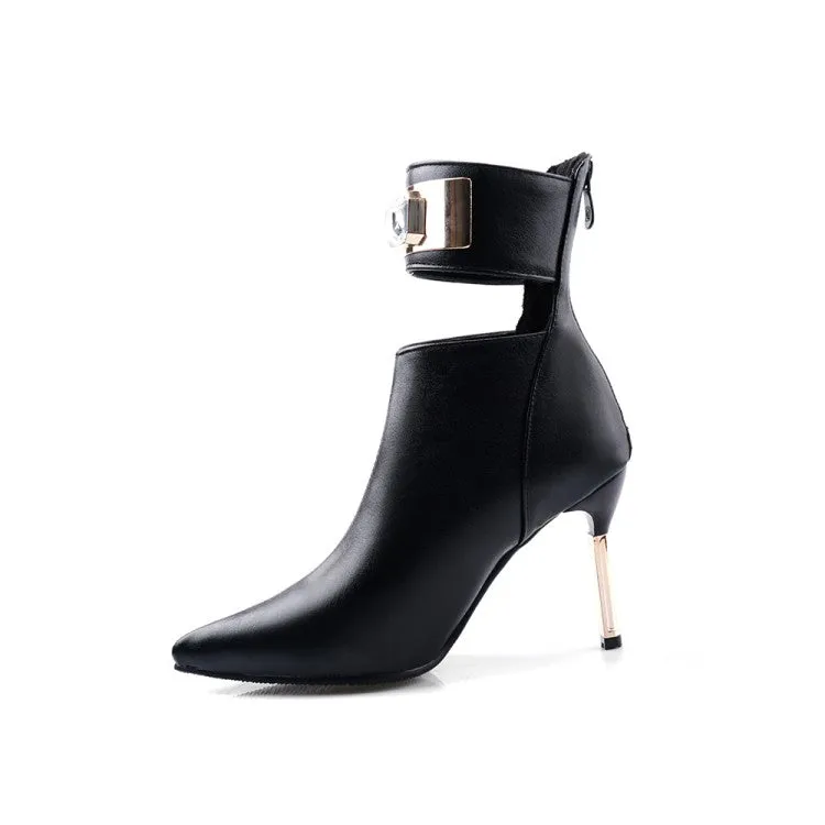 Women's Patchwork Pointed Toe Metal Rhinestone Stiletto Heel Short Boots