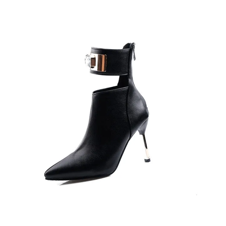 Women's Patchwork Pointed Toe Metal Rhinestone Stiletto Heel Short Boots