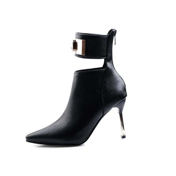 Women's Patchwork Pointed Toe Metal Rhinestone Stiletto Heel Short Boots