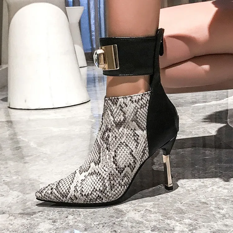 Women's Patchwork Pointed Toe Metal Rhinestone Stiletto Heel Short Boots
