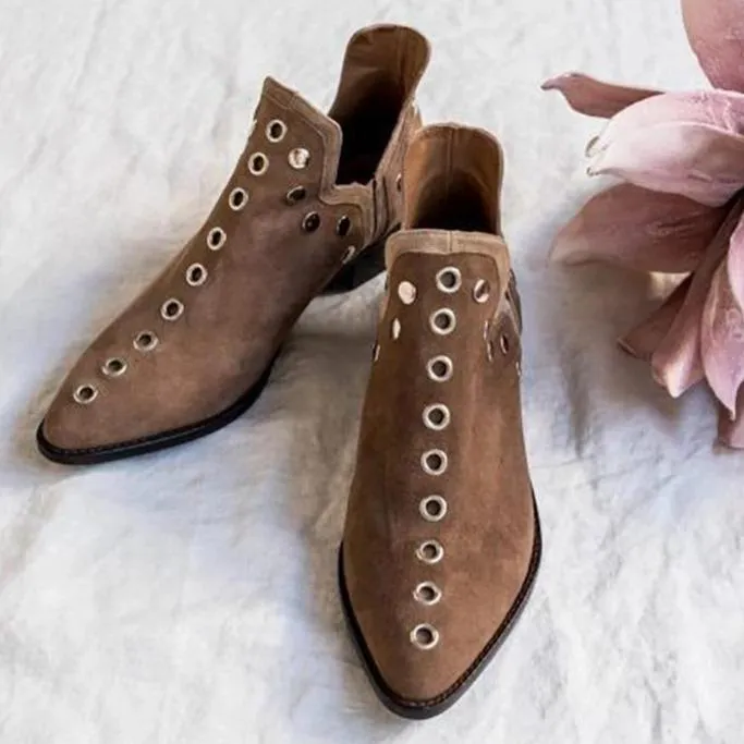 Women's vintage studded side slit ankle boots fashion pointed toe short boots