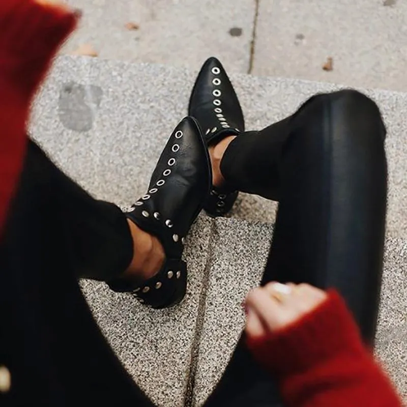 Women's vintage studded side slit ankle boots fashion pointed toe short boots