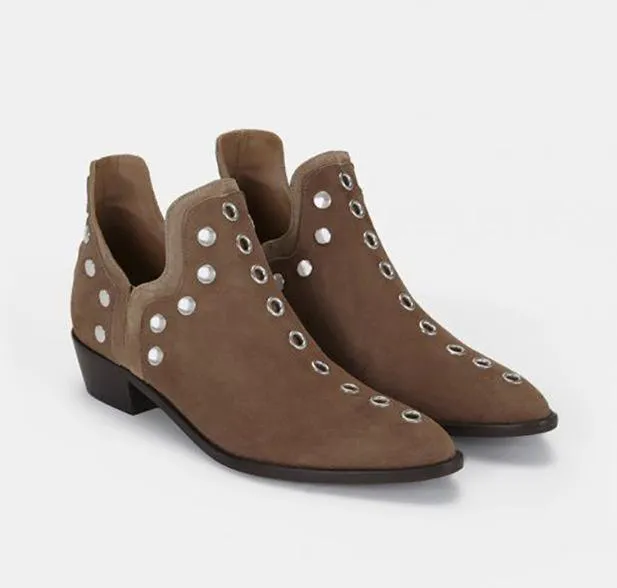 Women's vintage studded side slit ankle boots fashion pointed toe short boots