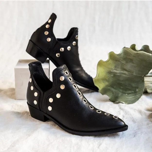 Women's vintage studded side slit ankle boots fashion pointed toe short boots