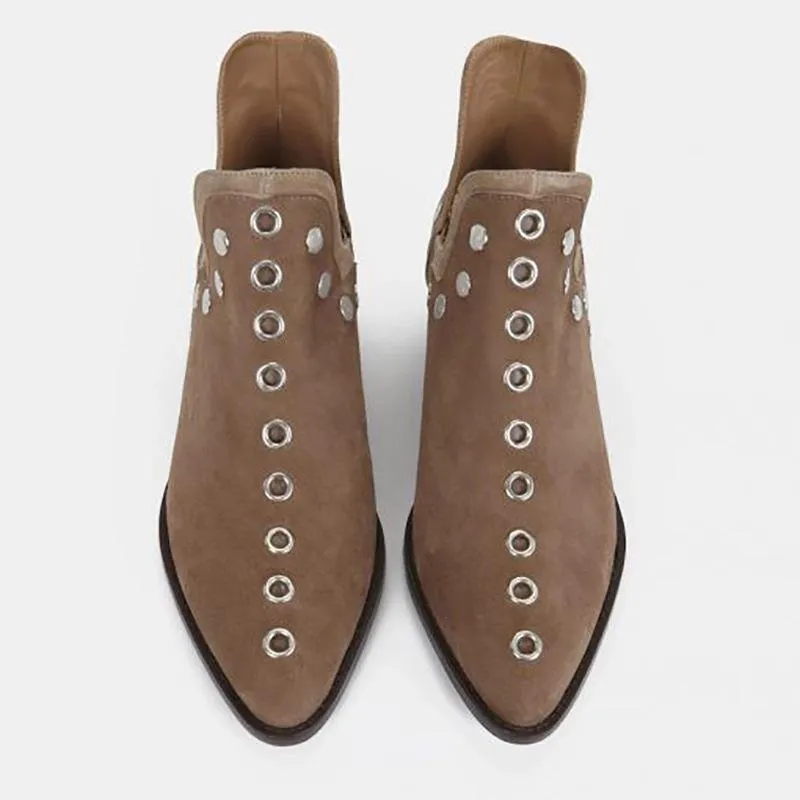 Women's vintage studded side slit ankle boots fashion pointed toe short boots